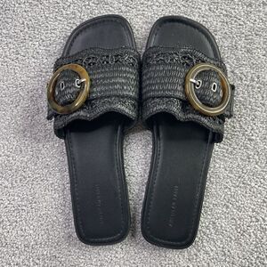 American Eagle Raffia Buckle Slide Sandals Women’s 8 Black Woven Flats